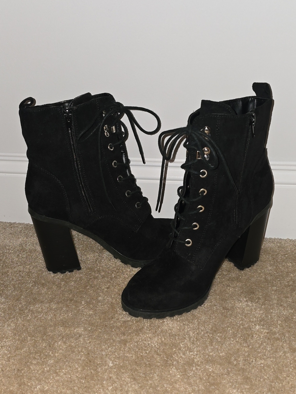 Lace-Up Black Suede Block Heel Ankle Boots